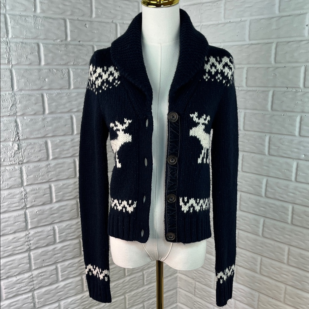 ABERCROMBIE & FITCH FAIR ISLE KNIT CARDIGAN MOOSE WOOL BLEND VELVET NAVY SZ MED - Picture 3 of 15